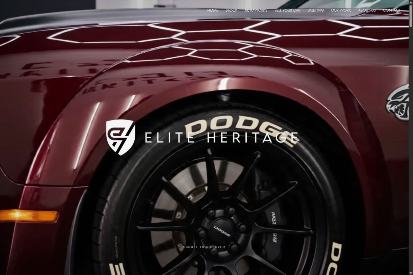 Elite Heritage desktop homepage with automotive photography and the brand’s white wordmark.
