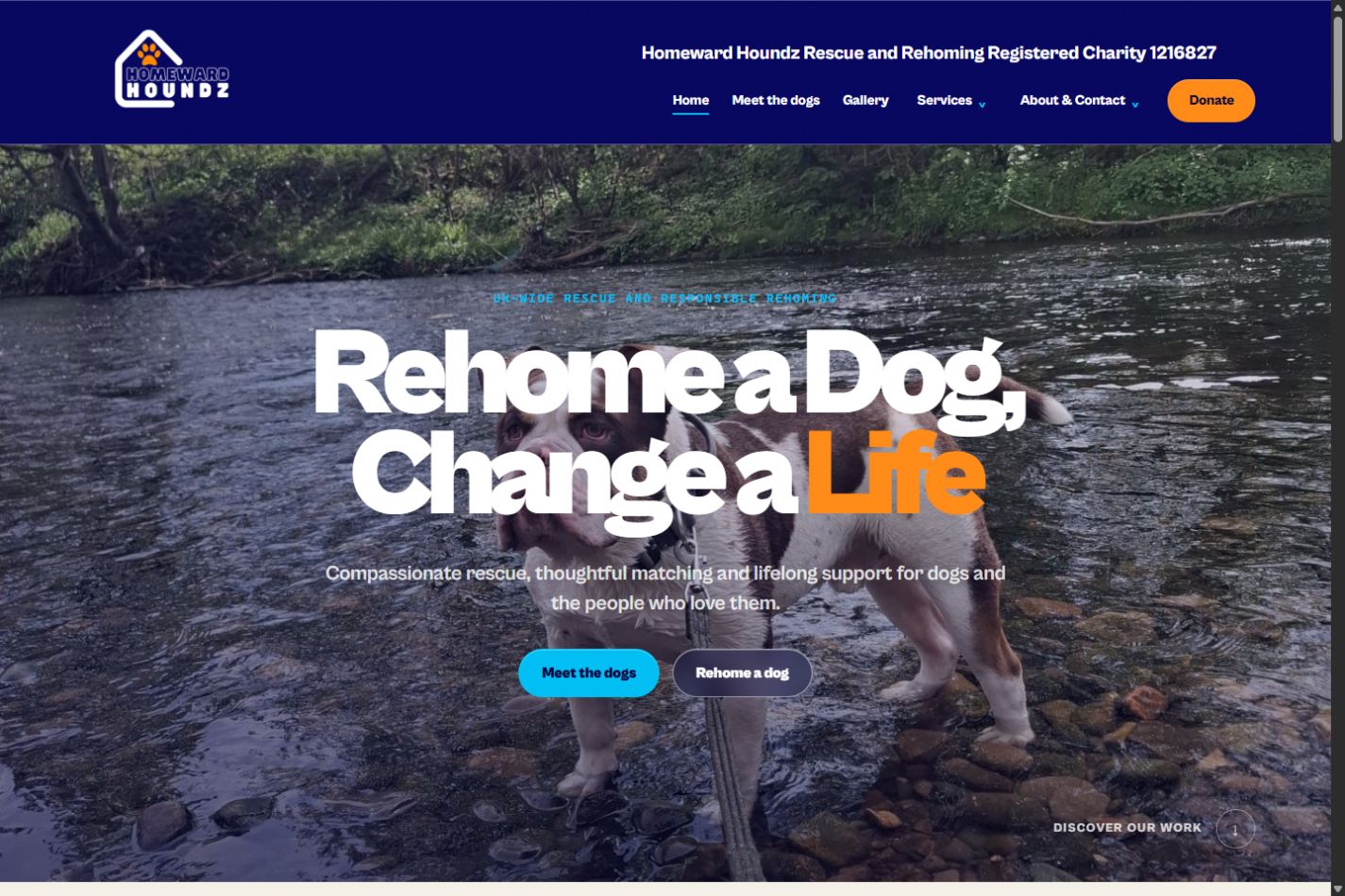 Homeward Houndz desktop homepage: rescue photography and a clear introduction to adoption and rehoming.