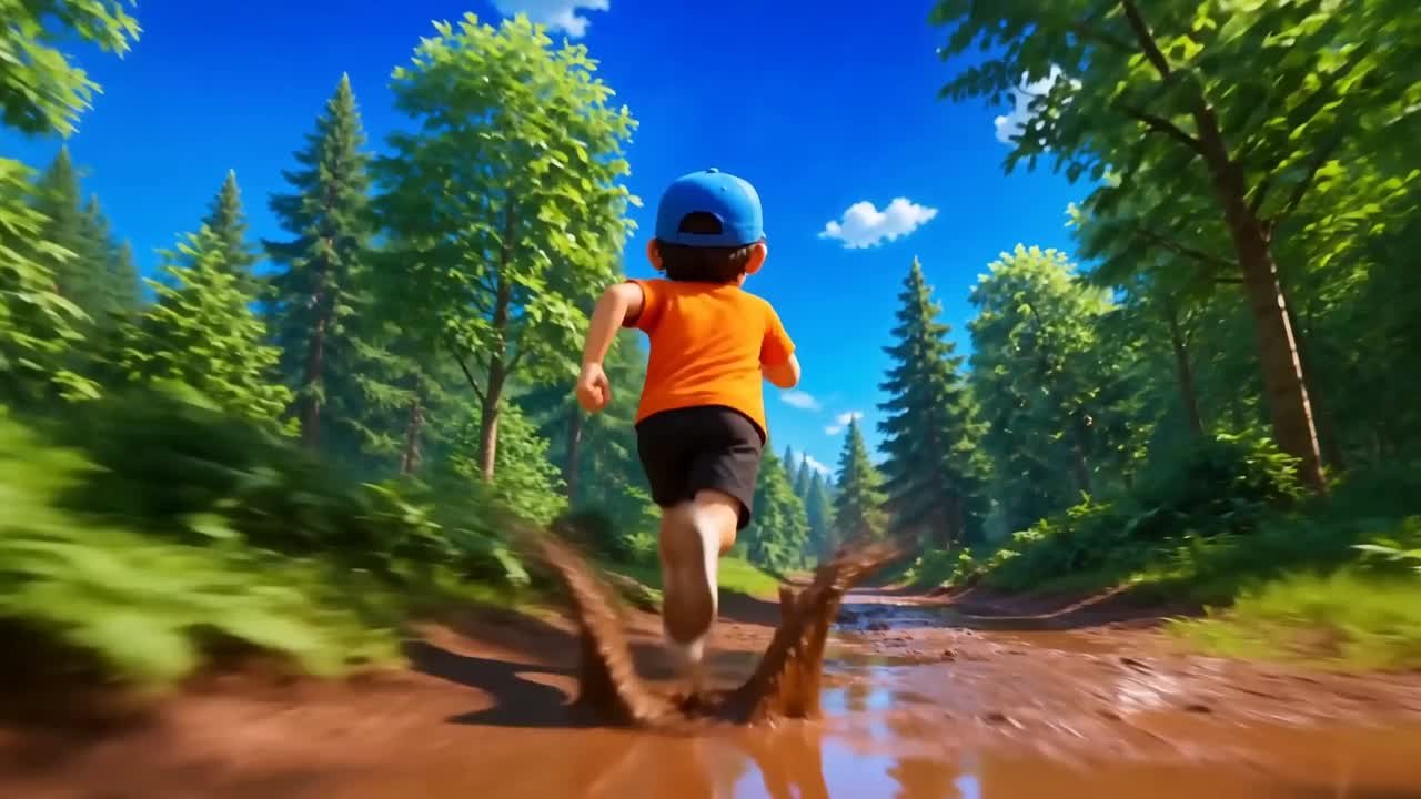 An animated runner travelling along a sunlit forest trail.